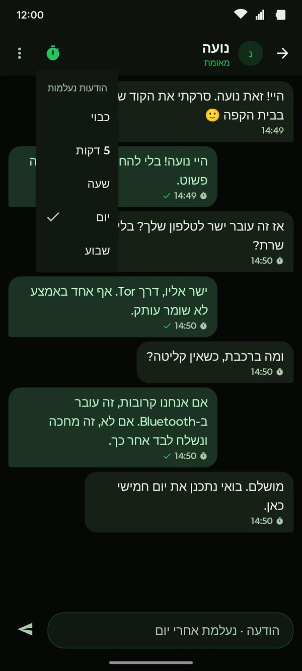 תפריט הודעות נעלמות: כבוי, 5 דקות, שעה, יום, שבוע.