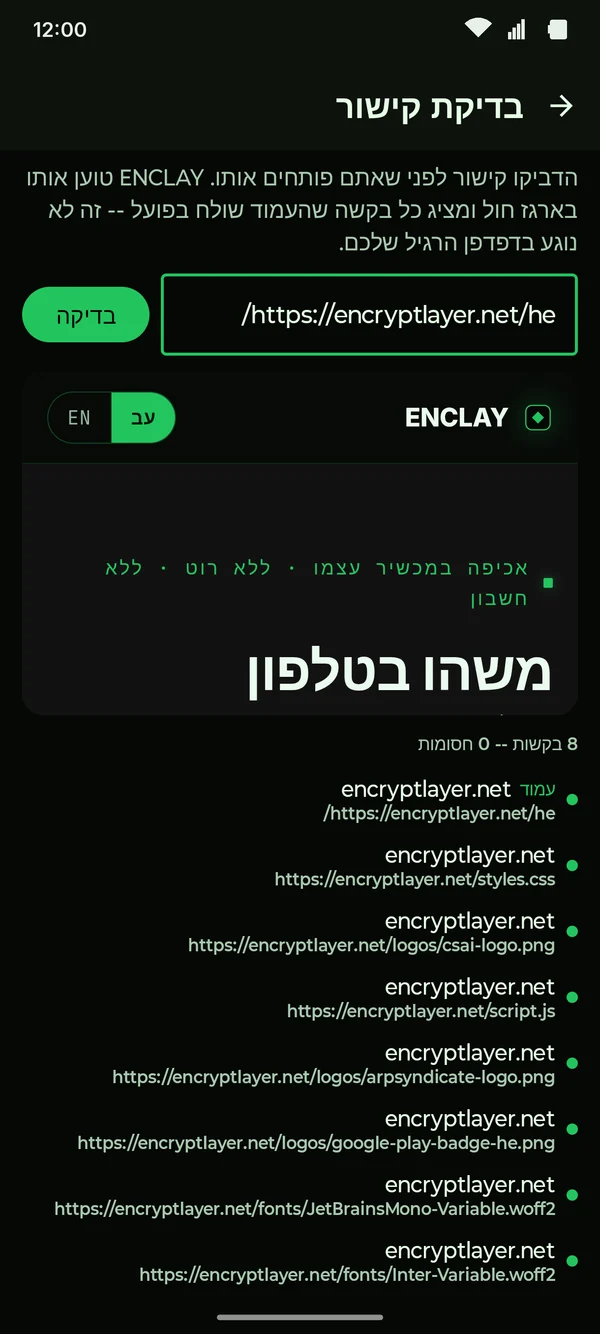 בדיקת קישור: כל בקשה שקישור שולח, עם חסימת רכיבי מעקב.